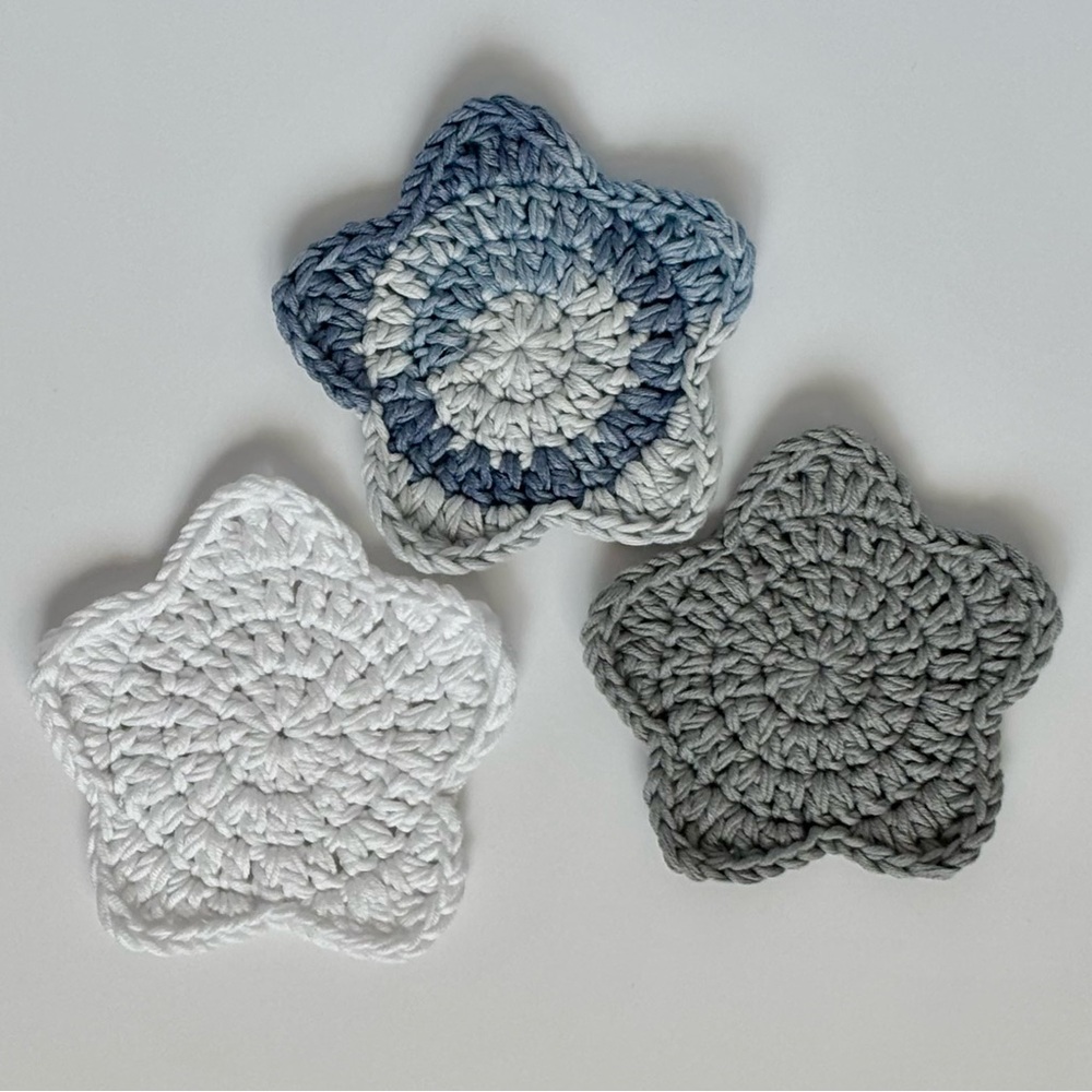 Star-Shaped Crochet Coaster set- Blue, Gray, and White